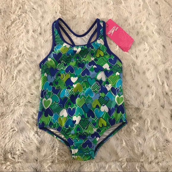 SOLD Girl’s Speedo swimsuit green/blue hearts - Picture 1 of 2